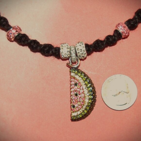 Adorable Rhinestone Watermelon Slice on a 21" Handmade Black Hemp Chain - Picture 4 of 6